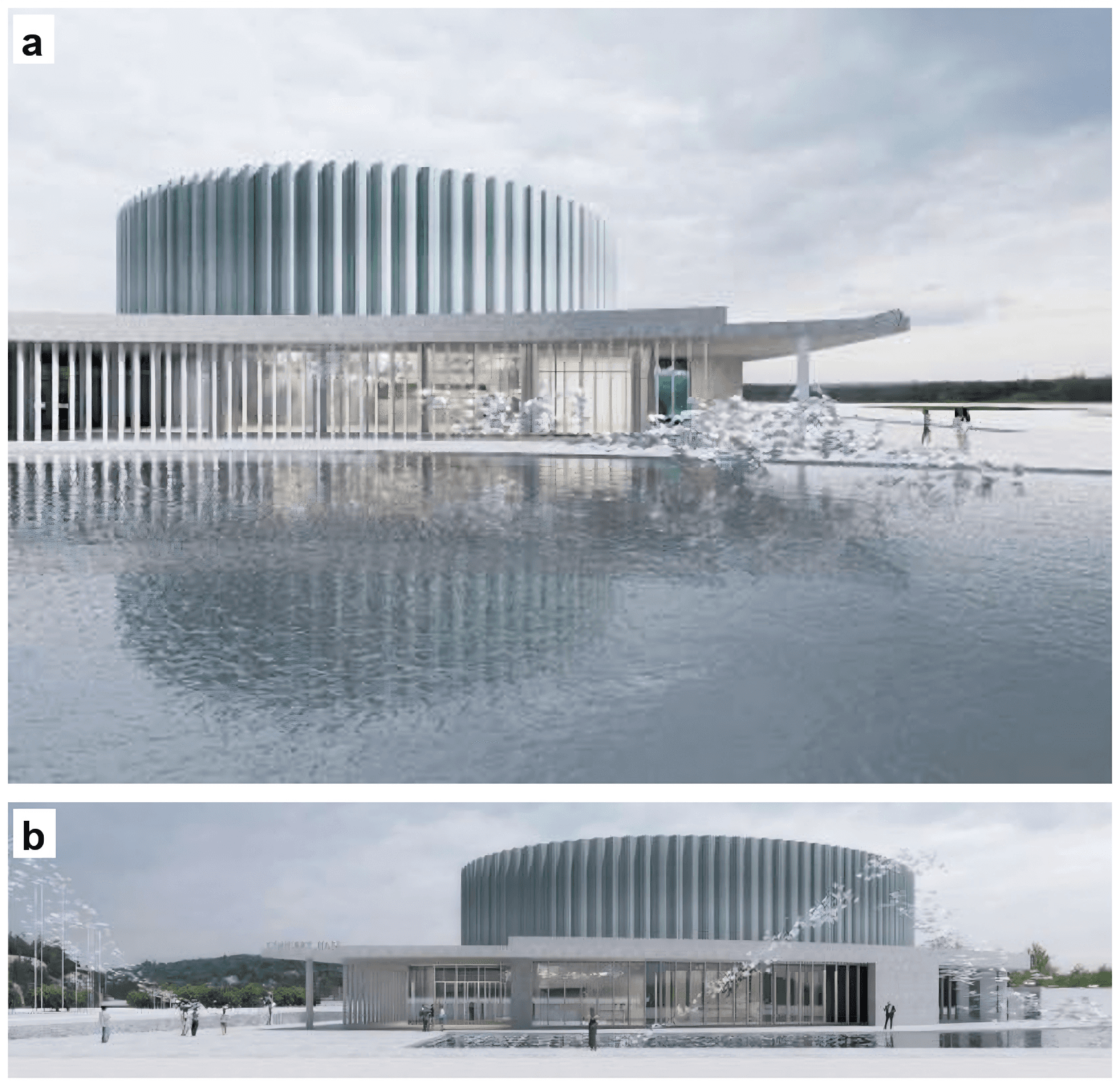 Two architectural renderings show alternative exterior views of the concert hall and its reflective water feature.