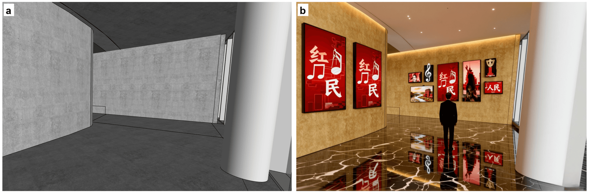 A grayscale empty foyer model is paired with an AI-generated interior filled with red light-box displays.