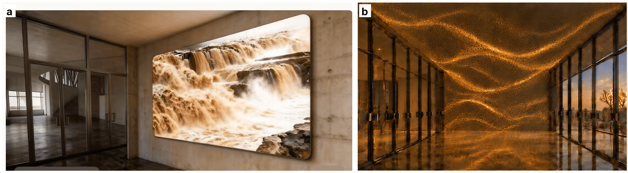 A literal waterfall display is compared with an abstract golden immersive interior formed by light and patterned particles.
