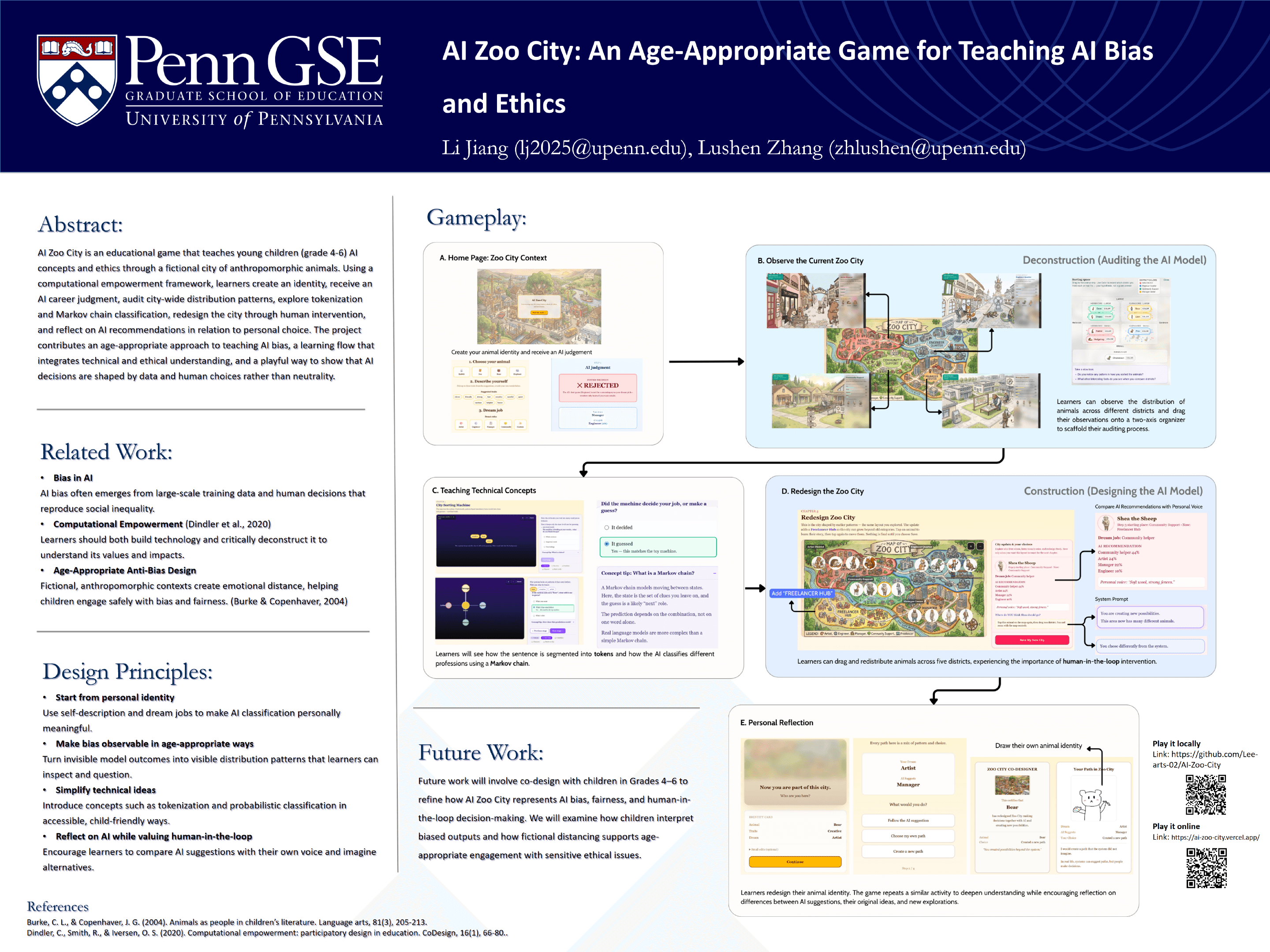 A project poster shows an illustrated city where animal characters receive jobs and are redistributed across districts.