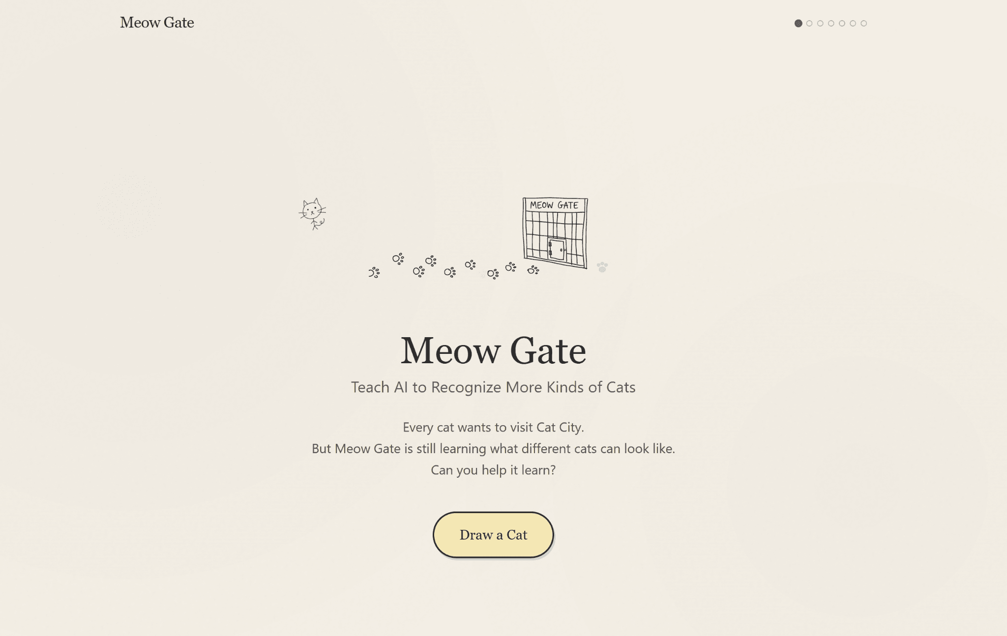 A hand-drawn cat follows a trail of pawprints toward Meow Gate.