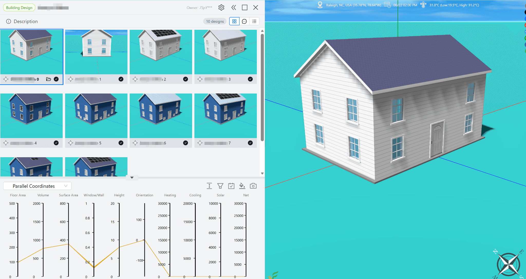 Interface figure with the design gallery and performance panel at left and a house-editing view at right.